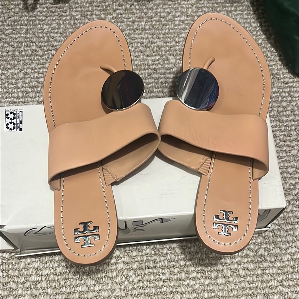 Tory Burch Nude Tan Leather Slide Sandals with Silver Medallion